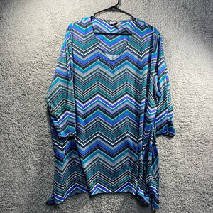 Catherines chevron beaded short sleeve tunic blouse blue colorful stretch 2X